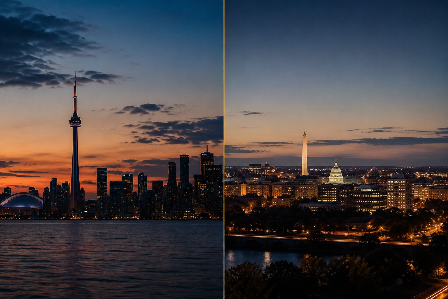 Toronto skyline at dusk with Wouessi office locations highlighted